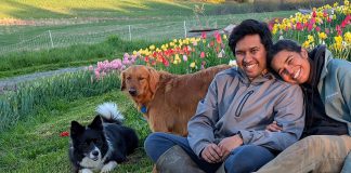 From growing vegetables on a condo balcony to becoming a tulip destination: Eyra Estate blossoms near Rice Lake Garreth Dias and Jesvyl Dsilva with their dogs Lexie and Leo near the tulip patch on their 50-acre farm near Rice Lake south of Bailieboro. In 2021, the couple sold their Oakville condo and moved to northern Northumberland County despite not having any farming experience. Since then, Dias and Dsilva have been raising chickens and growing food on Eyra Estate and has seen a huge demand for their tulip agri-tourism experience where they invite people learn about farm life. (Photo courtesy of Garreth Dias and Jesvyl Dsilva)