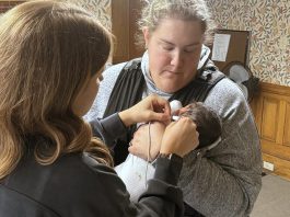 An infant at Five Counties Children's Centre in Lindsay being screened for hearing loss, which is vital to get babies the support they may need. Ontario's Infant Hearing Program provides free screening for families, and the process to check for hearing loss is quick, safe, and painless, and ideally done when a baby is sleeping. (Photo courtesy of Five Counties Children's Centre)