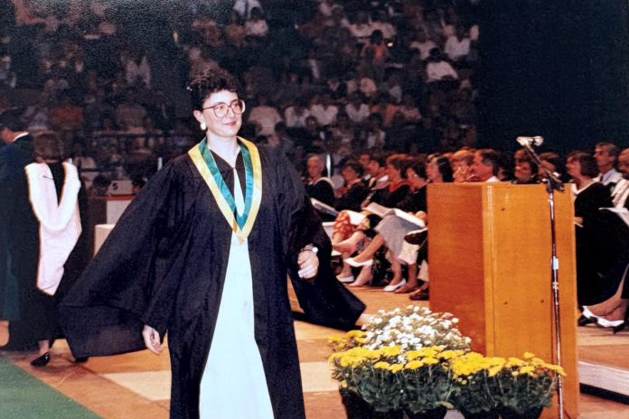 Kerri Davies graduating from the Practical Nursing program at Fleming College in 1992. Davies was a mother of three looking to get back into the workforce when she discovered she needed to update her education and applied to Fleming College. After graduating at the top of her class, she was immediately hired for two part-time jobs, launching a decades-long career in healthcare as a nurse and later as an administrator. (Photo courtesy of Kerri Davis)