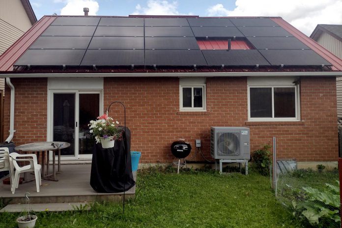 This bungalow in southeast Peterborough features solar panels to offset electricity use including a heat pump, heat pump water heater, and EV charger. On an annual basis, it can produce about 70 per cent of the electricity the home uses. (Photo: Clara Blakelock / GreenUP)
