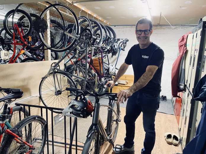 Secure bike storage can be a gamechanger for employees considering cycling to work. Wild Rock co-owner Scott Murison now prefers walking to work, but says the business's dedicated bike parking fills up quickly during the warmer months as most staff choose to ride. (Photo: Rebekkah Hyams / GreenUP)