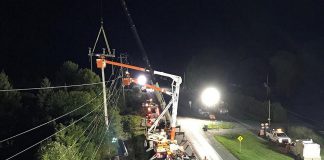 Hydro One crews conducting overnight maintenance on lines in the Picton area in September 2020. (Photo: Hydro One)