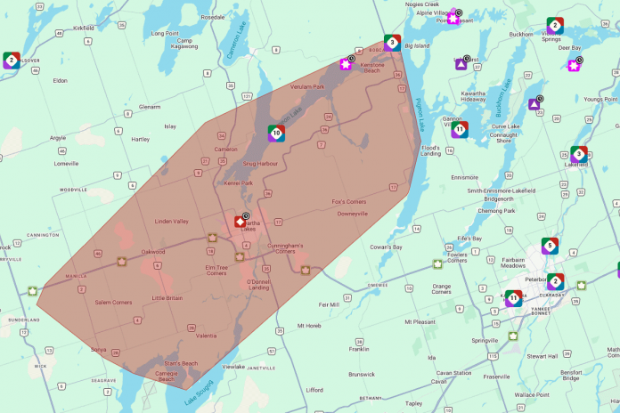The area in Kawartha Lakes that will be affected by Hydro One's planned eight-hour power outage starting at 9 p.m. on May 23, 2026. (kawarthaNOW screenshot of Hydro One outage map)