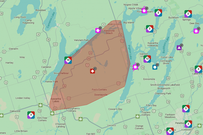 The revised area in Kawartha Lakes that will be affected by Hydro One's planned eight-hour power outage starting at 9 p.m. on May 23, 2026. (kawarthaNOW screenshot of Hydro One outage map)