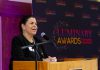 kawarthaNOW founder, CEO, and publisher Jeannine Taylor accepting the Peterborough and Kawarthas Chamber of Commerce's inaugural Legacy award of the Luminary Awards for women in business in 2025, one year before the 30th anniversary of the digital media company she founded on May 1, 1996 in the early years of the internet. (Photo: Jordan Lyall Photography)