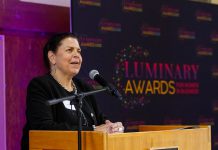 kawarthaNOW founder, CEO, and publisher Jeannine Taylor accepting the Peterborough and Kawarthas Chamber of Commerce's inaugural Legacy award of the Luminary Awards for women in business in 2025, one year before the 30th anniversary of the digital media company she founded on May 1, 1996 in the early years of the internet. (Photo: Jordan Lyall Photography)