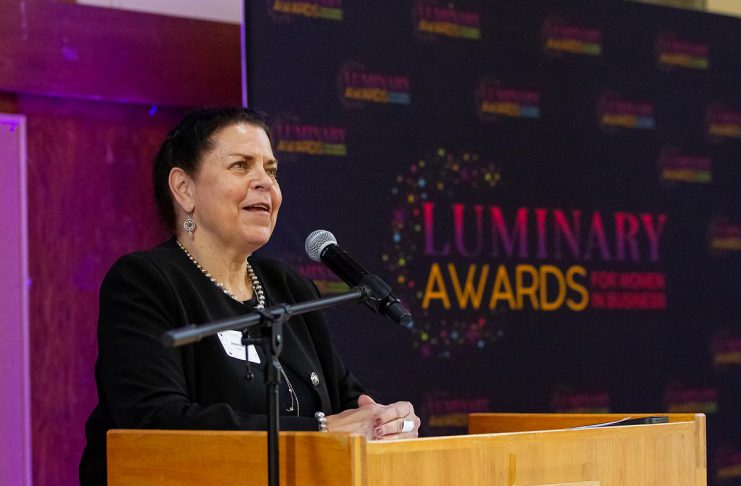 kawarthaNOW founder, CEO, and publisher Jeannine Taylor accepting the Peterborough and Kawarthas Chamber of Commerce's inaugural Legacy award of the Luminary Awards for women in business in 2025, one year before the 30th anniversary of the digital media company she founded on May 1, 1996 in the early years of the internet. (Photo: Jordan Lyall Photography)