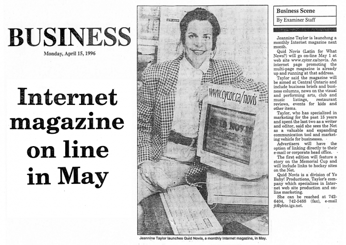 Jeannine Taylor pictured in a story in the Peterborough Examiner from April 15, 1996 promoting the launch of her "internet magazine" on May 1 of that year. The following year, Jeannine acquired the domain name quidnovis.com for the website. (Photo courtesy of Jeannine Taylor)