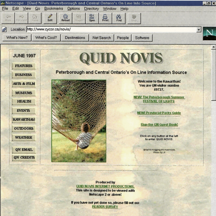 An early version of Quid Novis, "Peterborough and Central Ontario's On Line Information Source," in June 1997. (Photo courtesy of Jeannine Taylor)
