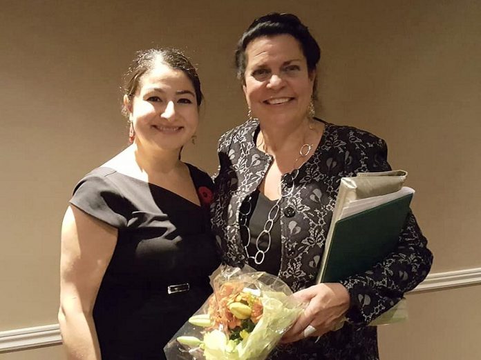 Jeannine Taylor was one of 55 women from Peterborough and the Kawarthas honoured at the inaugural Peterborough-Kawartha Women's Leadership Awards organized in 2018 by Maryam Monsef (left), who was then Peterborough-Kawartha MP and Minister of Status of Women. (Photo courtesy of Jeannine Taylor)