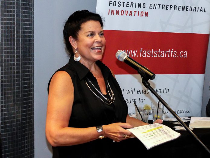 Jeannine Taylor in 2019 speaking at E-connect!, a monthly forum held by FastStart Peterborough and the Innovation Cluster that connects Peterborough's entrepreneurs and start-ups with the region's most accomplished mentors, investors, and advisers. (Photo: Samantha Moss / MossWorks Photography)
