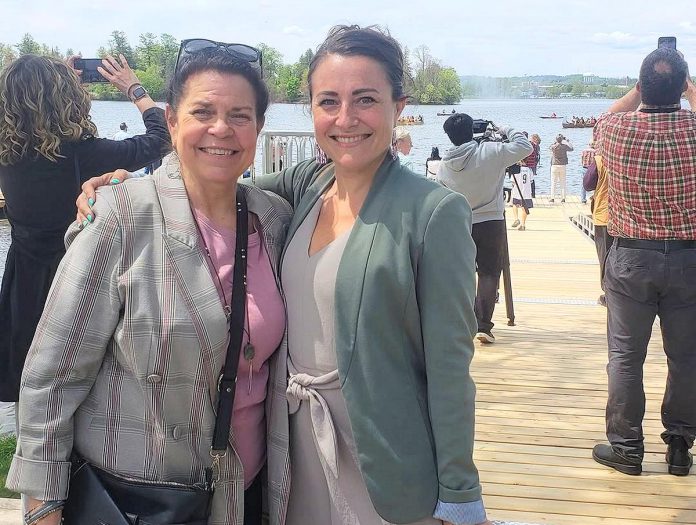 Jeannine Taylor with former Peterborough mayor Diane Therrien-Hale at the grand opening of The Canadian Canoe Museum on May 11, 2024. (Photo: Matt Hale)