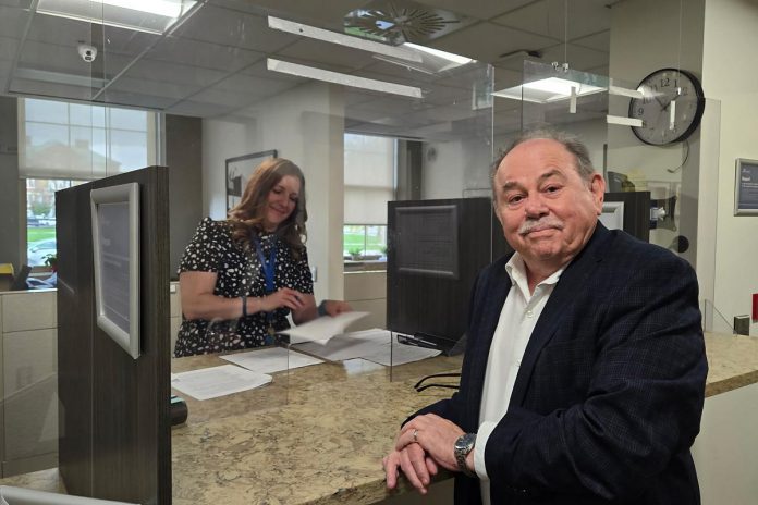 Keith Riel filing his nomination papers as a mayoral candidate in the 2026 municipal election at the clerk's office at Peterborough City Hall on Friday, May 1. (Photo: Jeannine Taylor / kawarthaNOW)