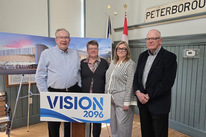 Peterborough mayor Jeff Leal, Peterborough and Kawarthas Chamber of Commerce president and CEO Brenda Whitehead, Peterborough Downtown Business Improvement Area (DBIA) board chair Deanna Guttman, and Paul Harris-Lowe of the city's economic development working group during a media conference at the Chamber's office on May 4, 2026 where the mayor advocated for a new event centre in downtown Peterborough. (Photo: Jeannine Taylor / kawarthaNOW)