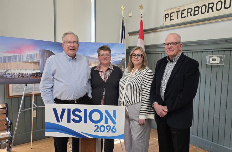 Peterborough mayor Jeff Leal, Peterborough and Kawarthas Chamber of Commerce president and CEO Brenda Whitehead, Peterborough Downtown Business Improvement Area (DBIA) board chair Deanna Guttman, and Paul Harris-Lowe of the city's economic development working group during a media conference at the Chamber's office on May 4, 2026 where the mayor advocated for a new event centre in downtown Peterborough. (Photo: Jeannine Taylor / kawarthaNOW)