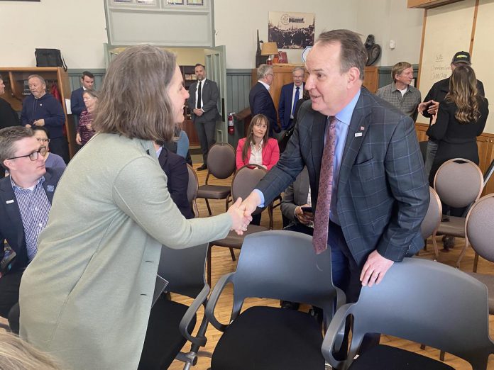 Federal transport minister Steven MacKinnon greets an attendee at an event hosted by the Peterborough and Kawarthas Chamber of Commerce on May 8, 2026. (Photo: Paul Rellinger / kawarthaNOW)