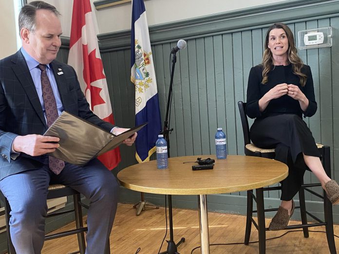 Federal transport minister Steven MacKinnon and Peterborough MP Emma Harrison at an event hosted by the Peterborough and Kawarthas Chamber of Commerce on May 8, 2026. (Photo: Paul Rellinger / kawarthaNOW)