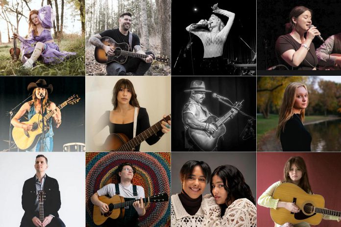 The 12 local and regional musical artists performing in Peterborough Musicfest's second annual Future Sound Series, sponsored by Cogeco, which takes place during the free-admission outdoor music festival running Wednesday and Saturday nights from June 27 to August 19, 2026 at Del Crary Park. Not pictured are two Indigenous performers wh are appearing with the support of the Gord Downie & Chanie Wenjack Fund. (kawarthaNOW collage)