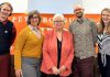 London West MPP Peggy Sattler (middle), who is the Ontario NDP's shadow minister for college and universities, attended a town hall in Peterborough on May 29, 2026 hosted by the Peterborough-Kawartha NDP Riding Association and emceed by association president Morgan Carl (far right). Also pictured are Trent University student and president of the Peterborough-Kawartha Youth NDP Ace Martin-Graham (far left), former Fleming College library technician Carmen Gelette (second from left), and Trent University Faculty Association president and librarian Dwayne Collin (second from right). (Photo courtesy of Peterborough-Kawartha NDP Riding Association)