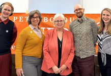 London West MPP Peggy Sattler (middle), who is the Ontario NDP's shadow minister for college and universities, attended a town hall in Peterborough on May 29, 2026 hosted by the Peterborough-Kawartha NDP Riding Association and emceed by association president Morgan Carl (far right). Also pictured are Trent University student and president of the Peterborough-Kawartha Youth NDP Ace Martin-Graham (far left), former Fleming College library technician Carmen Gelette (second from left), and Trent University Faculty Association president and librarian Dwayne Collin (second from right). (Photo courtesy of Peterborough-Kawartha NDP Riding Association)