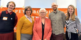 London West MPP Peggy Sattler (middle), who is the Ontario NDP's shadow minister for college and universities, attended a town hall in Peterborough on May 29, 2026 hosted by the Peterborough-Kawartha NDP Riding Association and emceed by association president Morgan Carl (far right). Also pictured are Trent University student and president of the Peterborough-Kawartha Youth NDP Ace Martin-Graham (far left), former Fleming College library technician Carmen Gelette (second from left), and Trent University Faculty Association president and librarian Dwayne Collin (second from right). (Photo courtesy of Peterborough-Kawartha NDP Riding Association)