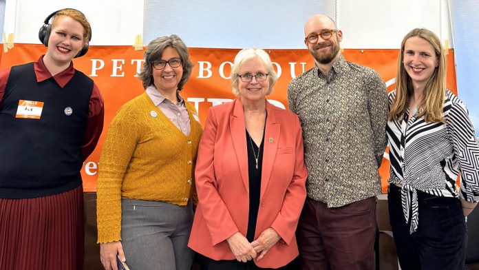 London West MPP Peggy Sattler (middle), who is the Ontario NDP's shadow minister for college and universities, attended a town hall in Peterborough on May 29, 2026 hosted by the Peterborough-Kawartha NDP Riding Association and emceed by association president Morgan Carl (far right). Also pictured are Trent University student and president of the Peterborough-Kawartha Youth NDP Ace Martin-Graham (far left), former Fleming College library technician Carmen Gelette (second from left), and Trent University Faculty Association president and librarian Dwayne Collin (second from right). (Photo courtesy of Peterborough-Kawartha NDP Riding Association) London West MPP Peggy Sattler (middle), who is the Ontario NDP's shadow minister for college and universities, attended a town hall in Peterborough on May 29, 2026 hosted by the Peterborough-Kawartha NDP Riding Association and emceed by association president Morgan Carl (far right). Also pictured are Trent University student and president of the Peterborough-Kawartha Youth NDP Ace Martin-Graham (far left), former Fleming College library technician Carmen Gelette (second from left), and Trent University Faculty Association president and librarian Dwayne Collin (second from right). (Photo courtesy of Peterborough-Kawartha NDP Riding Association)