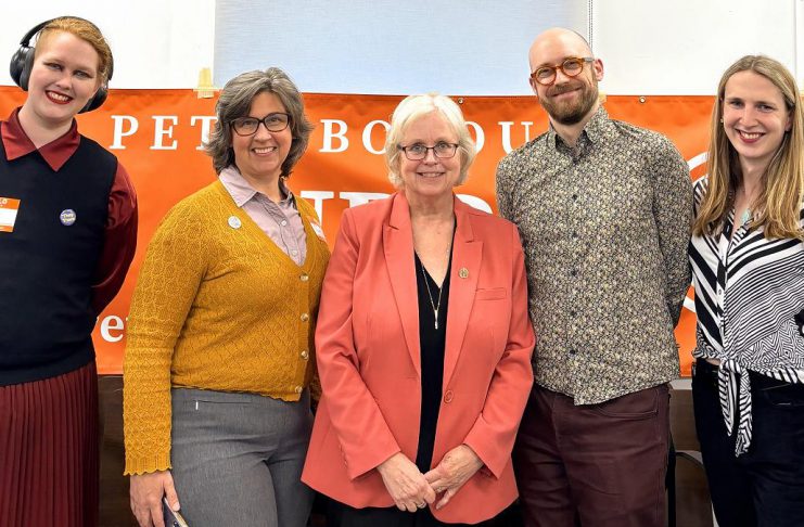 Ontario NDP MPP warns of ‘creeping privatization’ in post-secondary education during Peterborough town hall London West MPP Peggy Sattler (middle), who is the Ontario NDP's shadow minister for college and universities, attended a town hall in Peterborough on May 29, 2026 hosted by the Peterborough-Kawartha NDP Riding Association and emceed by association president Morgan Carl (far right). Also pictured are Trent University student and president of the Peterborough-Kawartha Youth NDP Ace Martin-Graham (far left), former Fleming College library technician Carmen Gelette (second from left), and Trent University Faculty Association president and librarian Dwayne Collin (second from right). (Photo courtesy of Peterborough-Kawartha NDP Riding Association)