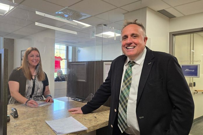 Neil Morton filing his nomination papers as a mayoral candidate in the 2026 municipal election at the clerk's office at Peterborough City Hall on Monday, May 4. (Photo: Jeannine Taylor / kawarthaNOW)