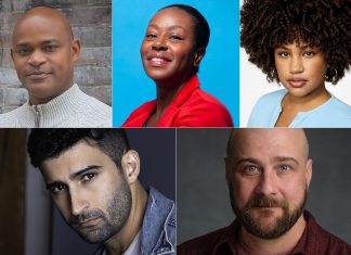 New Stages Theatre presents a staged reading of Lynn Nottage's award-winning dramatic comedy "Clyde's" at Market Hall Performing Arts Centre in downtown Peterborough featuring (left to right, top and bottom) Sterling Jarvis, Ordena Stephens-Thompson, Chelsea Russell, René Escobar Jr., and Tim Walker. (kawarthaNOW collage of supplied photos)