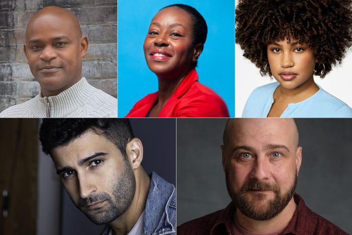 New Stages Theatre presents a staged reading of Lynn Nottage's award-winning dramatic comedy "Clyde's" at Market Hall Performing Arts Centre in downtown Peterborough featuring (left to right, top and bottom) Sterling Jarvis, Ordena Stephens-Thompson, Chelsea Russell, René Escobar Jr., and Tim Walker. (kawarthaNOW collage of supplied photos)