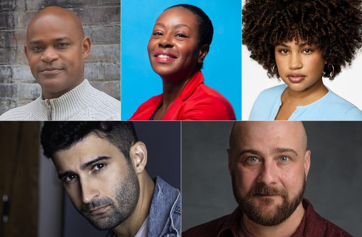 New Stages Theatre presents a staged reading of Lynn Nottage's award-winning dramatic comedy "Clyde's" at Market Hall Performing Arts Centre in downtown Peterborough featuring (left to right, top and bottom) Sterling Jarvis, Ordena Stephens-Thompson, Chelsea Russell, René Escobar Jr., and Tim Walker. (kawarthaNOW collage of supplied photos)