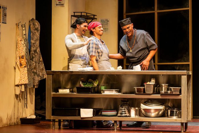 Johnathan Sousa, Augusto Bitter, and Sterling Jarvis perform in the Canadian Stage production of Lynn Nottage's "Clyde's" in Toronto in April 2026. Jarvis will be reprising his role as Montrellous during New Stages Theatre's staged reading of the play at the Market Hall Performing Arts Centre in downtown Peterborough on June 14, 2026. (Photo: Dahlia Katz)
