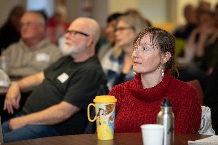 One City Peterborough's event to discuss the non-profit organization's housing strategy at Knights of Columbus Hall on May 12, 2026 was attended by several candidates for this fall's municipal election, including Rebecca Schillemat who is running for mayor. (Photo: Jordan Lyall / kawarthaNOW)