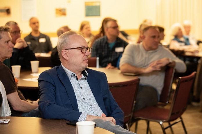 One City Peterborough's event to discuss the non-profit organization's housing strategy at Knights of Columbus Hall on May 12, 2026 was attended by several candidates for this fall's municipal election, including Chris Potter who is running for Otonabee Ward councillor. (Photo: Jordan Lyall / kawarthaNOW)