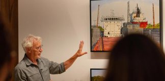 Well-known Peterborough artist Peer Christensen has passed away at 72 Peer Christensen during an artist talk at the Art Gallery of Peterborough for his 2022 exhibition "Landscapes of Conveyance," which was inspired by he and his wife Lori's trip aboard the Algoma Harvester on a five-day journey through the St. Lawrence Seaway in 2019. (Photo: Zach Ward)