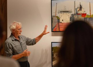 Peer Christensen during an artist talk at the Art Gallery of Peterborough for his 2022 exhibition "Landscapes of Conveyance," which was inspired by he and his wife Lori's trip aboard the Algoma Harvester on a five-day journey through the St. Lawrence Seaway in 2019. (Photo: Zach Ward)