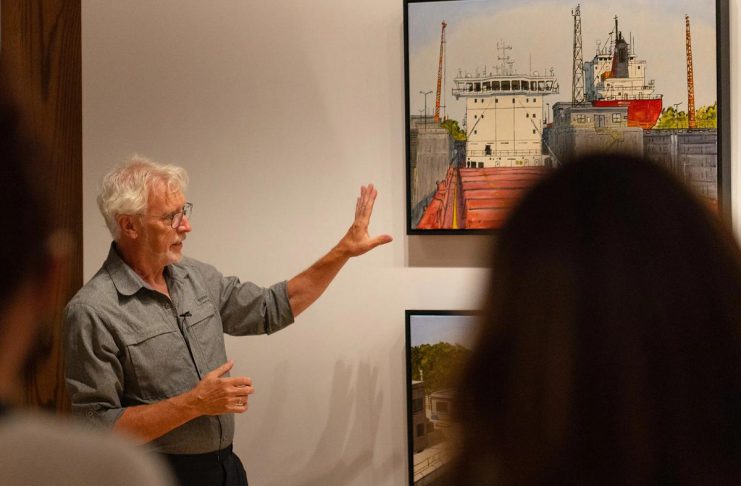 Well-known Peterborough artist Peer Christensen has passed away at 72 Peer Christensen during an artist talk at the Art Gallery of Peterborough for his 2022 exhibition "Landscapes of Conveyance," which was inspired by he and his wife Lori's trip aboard the Algoma Harvester on a five-day journey through the St. Lawrence Seaway in 2019. (Photo: Zach Ward)