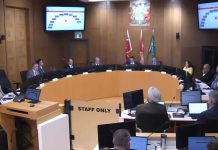 At Peterborough city council's general committee meeting on May 4, 2026, a motion to defer Mayor Leal's motion to commit the city to financing $57 million of the cost of a proposed $170-million sport and event centre in downtown Peterborough failed 6-4, with councillor Alex Bierk absent from the meeting. Councillors later approved the mayor's motion. (kawarthaNOW screenshot of City of Peterborough video)