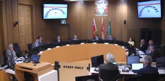 At Peterborough city council's general committee meeting on May 4, 2026, a motion to defer Mayor Leal's motion to commit the city to financing $57 million of the cost of a proposed $170-million sport and event centre in downtown Peterborough failed 6-4, with councillor Alex Bierk absent from the meeting. Councillors later approved the mayor's motion. (kawarthaNOW screenshot of City of Peterborough video)