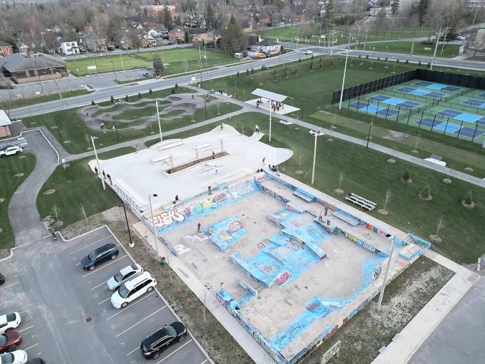 The expanded skatepark at Bonnerworth Park in Peterborough is attached to the original 8,400-square-foot skatepark constructed in 2002, doubling the total size of the skatepark to 17,000 square feet. Also pictured in the background is the asphalt bike pump track and 14 pickleball courts, all part os the City of Peterborough's $4.4-million redevelopment project for the park completed in 2025. (Photo: Peterborough Skateboard Coalition)