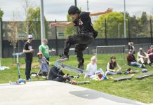 A skateboarder catches air during a day-long celebration of the expanded skatepark in Peterborough's Bonnerworth Park on May 16, 2026. (Photo: Mike Quigg)