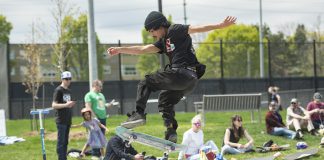 A skateboarder catches air during a day-long celebration of the expanded skatepark in Peterborough's Bonnerworth Park on May 16, 2026. (Photo: Mike Quigg)