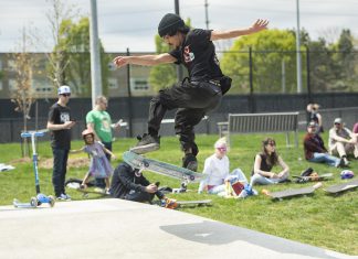 A skateboarder catches air during a day-long celebration of the expanded skatepark in Peterborough's Bonnerworth Park on May 16, 2026. (Photo: Mike Quigg)