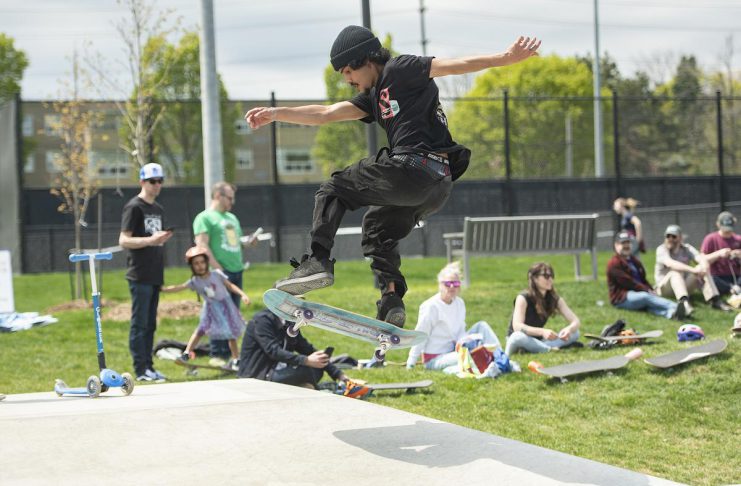 A skateboarder catches air during a day-long celebration of the expanded skatepark in Peterborough's Bonnerworth Park on May 16, 2026. (Photo: Mike Quigg)