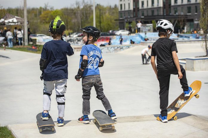 Young skateboarders during a day-long celebration of the expanded skatepark in Peterborough's Bonnerworth Park on May 16, 2026. (Photo: Mike Quigg)