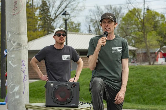 Dan Post (right) and Geoff Rix, co-founders of the Peterborough Skateboard Coalition, at a day-long celebration of the expanded skatepark in Peterborough's Bonnerworth Park on May 16, 2026. (Photo: Mike Quigg)