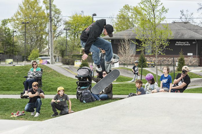 A skateboarder during a day-long celebration of the expanded skatepark in Peterborough's Bonnerworth Park on May 16, 2026. (Photo: Mike Quigg)