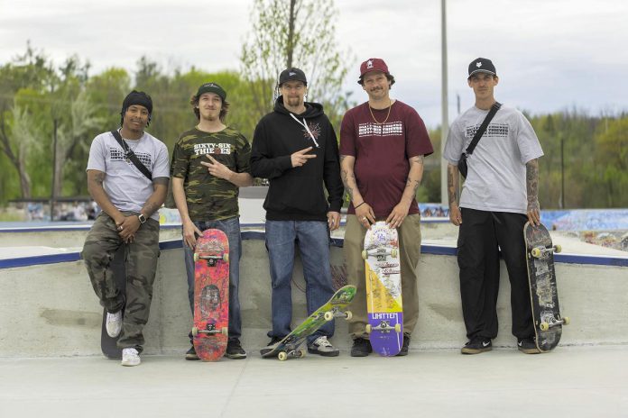 Members of the 66 Thieves Skate Team, who did a professional demonstration during a day-long celebration of the expanded skatepark in Peterborough's Bonnerworth Park on May 16, 2026. (Photo: Mike Quigg)