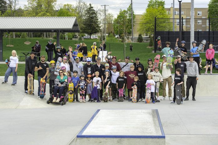 Members of Peterborough's skateboarding community at the end of a day-long celebration of the expanded skatepark in Peterborough's Bonnerworth Park on May 16, 2026. (Photo: Mike Quigg)