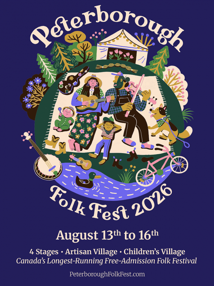 The 2026 Peterborough Folk Festival runs from Thursday, August 13 to Sunday, August 16, with ticketed concerts at downtown Peterborough venues on Thursday and Friday followed by a weekend at Nicholls Oval Park including free concerts and workshops, an artisans village, and a free children's village. (Artwork: Kathryn Durst)